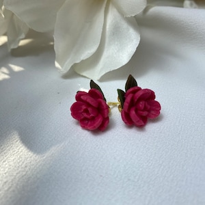 Cute Magenta Peony Stud Earrings, Small Clip-On Pink Flower Earrings, Handmade Rose Pink Peony Jewelry, Floral Jewelry Gift For Her