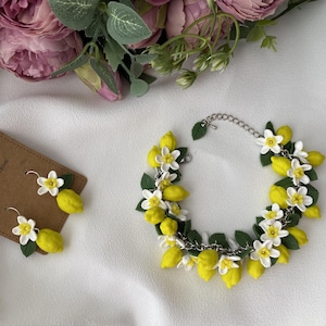Lemon Jewelry Set Blossoming Citruses Bracelet And Earrings Handmade Fruit Garden Yellow Lemon Polymer Clay Jewelry Blooming Lemon Earrings