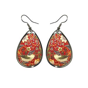 Strawberry Thief Art Nouveau Earrings, William Morris Earrings, Red Floral Bird Earrings For Women, Vintage Style Jewelry Gift Idea For Her