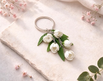 Tulpe Schlüsselbund Weiße Blume Taschenanhänger Handgefertigt Botanische Schlüsselring Frühling Floral Accessoire Geschenk