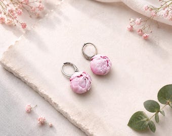 Delicate Pink Peony Dangle Earrings, Handmade Polymer Clay Flower Jewelry, Romantic Floral Gift