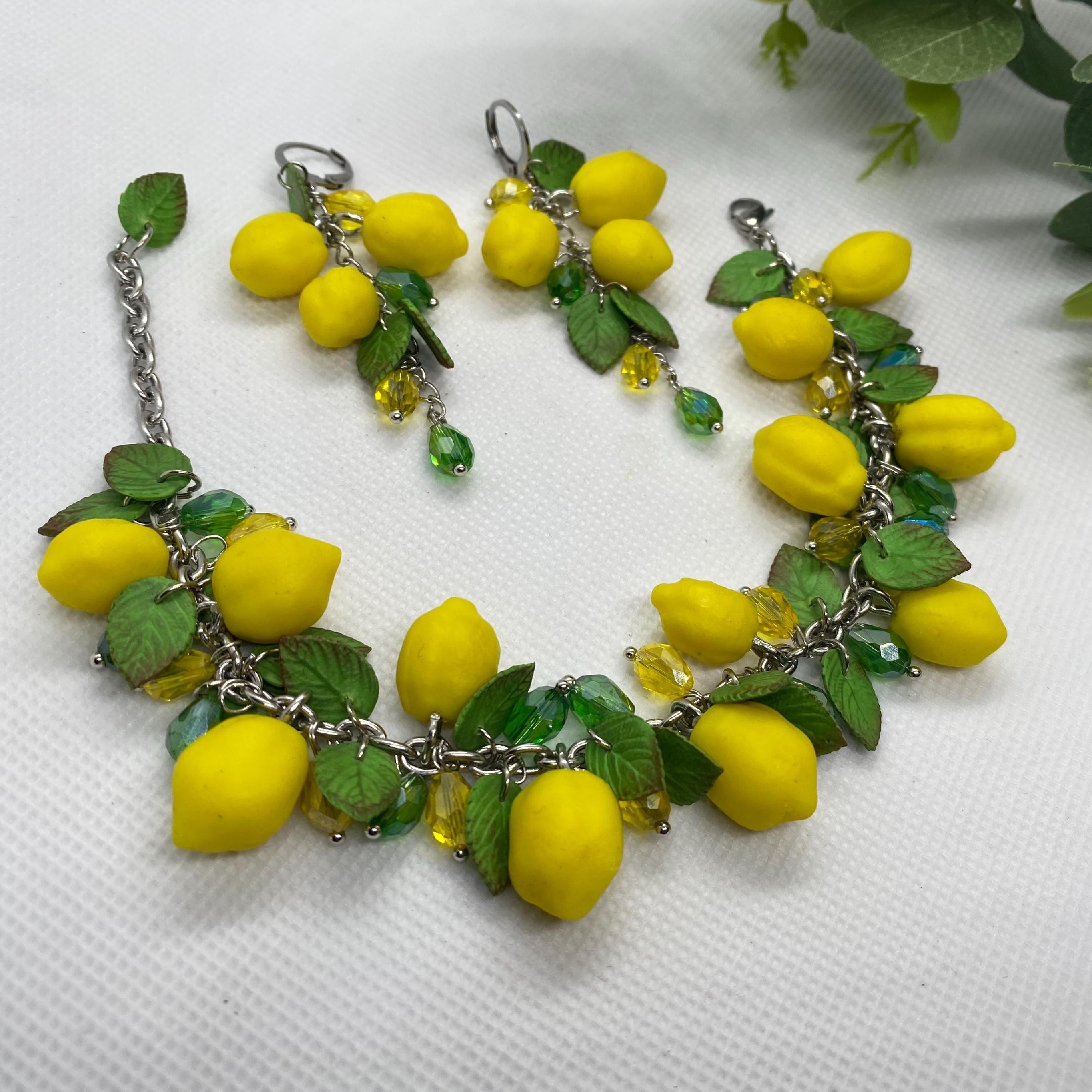 Lemon Bracelet and Earrings, Botanical Handmade Polymer Clay Jewelry, Cute Citrus Jewelry Set, Yellow Fruit Jewelry, Unique Summer Gift