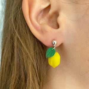 Cute Lemon Earrings, Small Yellow Fruit Dangle Earrings, Handmade Polymer Clay Jewelry, Garden Citrons Cip-on Earrings, Gift Idea for Her