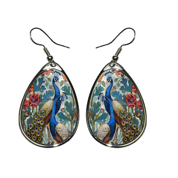 Peacocks And Poppies Dangle Earrings Vintage Art Nouveau Birds Earrings Cute Peacocks Jewelry Gift Idea For Her