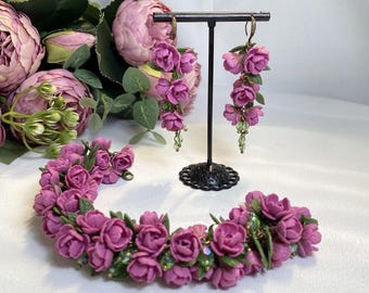 Pink Peonies Jewelry Set, Handmade Magenta Bracelet and Dangle Drop Earrings, Fuchsia Polymer Clay Flowers, Gift for Her