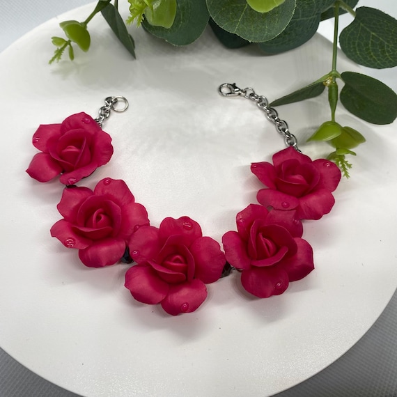 Fuchsia Rose Bracelet Polymer Clay Flower Jewelry Romantic