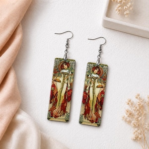 Mucha herfst hangoorbellen art nouveau vintage bloemen sieraden seizoenen serie