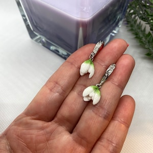 Snowdrop Dangle Sterling Silver Hooks Earrings, Cute White Flower Earrings, Spring Floral Jewelry, Handmade Polymer Clay Gift for Her
