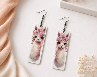 Alpaca Earrings, Floral Llama Design, Whimsical Animal Jewelry, Botanical Gift