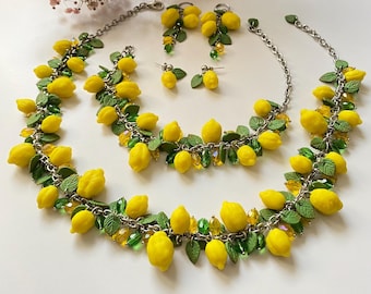 Lemon Jewelry Set Polymer Clay Necklace Bracelet Earrings Summer Fruit Statement Gift for Her Yellow Citrus Jewelry Handmade Italian Style