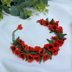 Handmade Poppies Flower Bracelet, Cute Red Polymer Clay Jewelry, Adjustable Small Flower Bracelet, Spring Summer Jewelry, Gift for Her