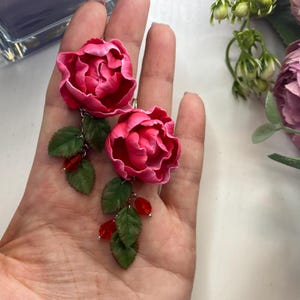 Pink Peony Dangle Earrings, Handmade Floral Art Deco Clip-On Earrings, Peony Flower Jewelry, Unique Romantic Peonies Jewelry Gift for Her