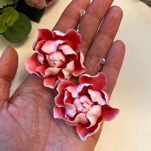 Pink Peony Dangle Earrings, Handmade Realistic Floral Polymer Clay Jewelry, Summer Botanical Flower Clip-on Earrings, Cute Gift Idea for Her