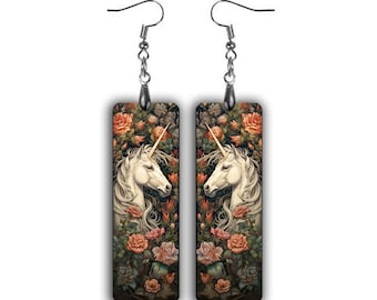 Eenhoornoorbellen – Art Nouveau bloemenhanger clip-on oorbellen – Sprookjesachtige dierensieraden – Handgemaakt cadeau voor haar