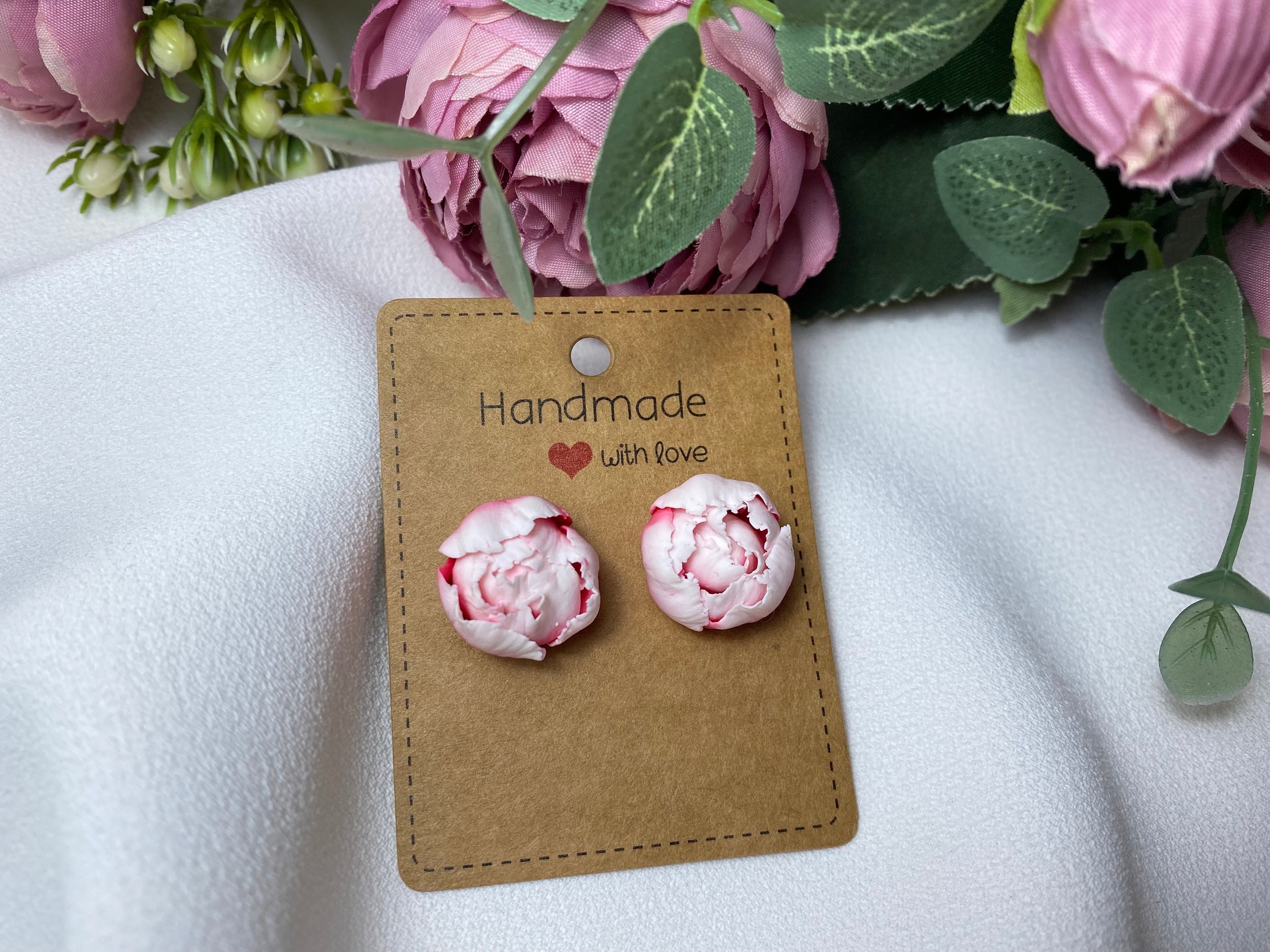 Realistic Peony Stud Earrings, White Red Flower Studs, Handmade Polymer Clay Jewelry, Clip-on Earrings Option, Elegant Gift for Her