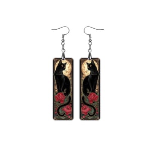 Black Cat Floral Dangle Earrings, Pink Peony Gothic Lightweight Clip-On Earrings, Art Deco Handmade Jewelry, Witchy Gift for Her