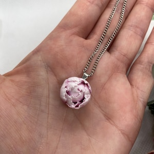 Peony Handmade Pendant Necklace Cute White Pink Peony Flower Small Polymer Clay Jewelry Gift Idea For Her