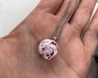 Peony Handmade Pendant Necklace Cute White Pink Peony Flower Small Polymer Clay Jewelry Gift Idea For Her