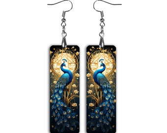 Pauwenoorbellen, art nouveau hangoorbellen, elegante bloemen vogels sieraden, handgemaakte clip-on oorbellen, vintage stijl cadeau voor haar