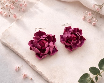 Magenta Peony Dangle Earrings, Handmade Pink Burgundy Clip On Earrings, Flower Polymer Clay Jewelry, Elegant Floral Gift for Her