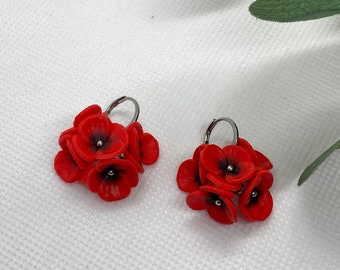 Cute Poppy Dangle Earrings Red Small Flowers Poppies Handmade Polymer Clay Jewelry Gift Idea For Her