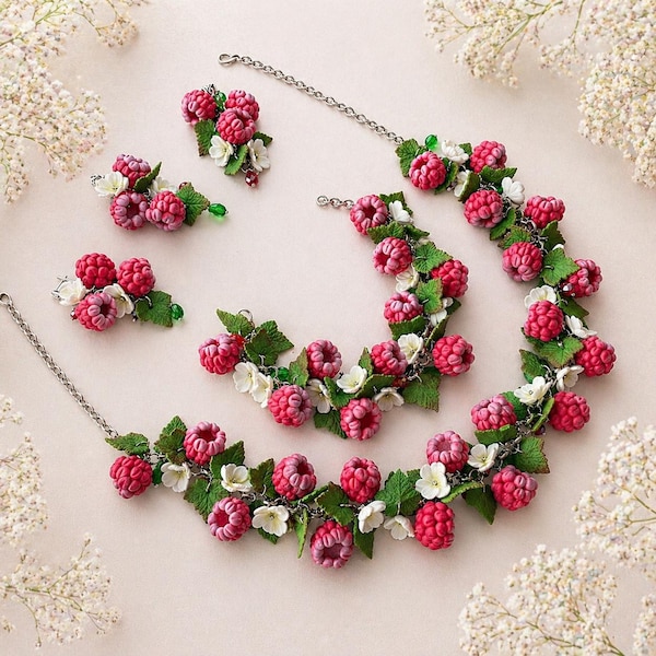 Raspberry Jewelry Set, Necklace Bracelet Dangle Earrings Pendant Polymer Clay Floral Handmade Berry Jewelry