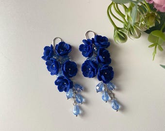 Dark Blue Peony Earrings Long Dangle Floral Polymer Clay Earrings Statement Flower Jewelry Clip On Option Handmade Gift for Her