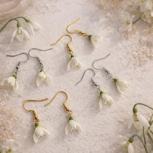 Snowdrop Dangle Earrings, Handmade Spring Flower Jewelry, Polymer Clay Floral Clip-On Earrings, Lightweight Gift for Her