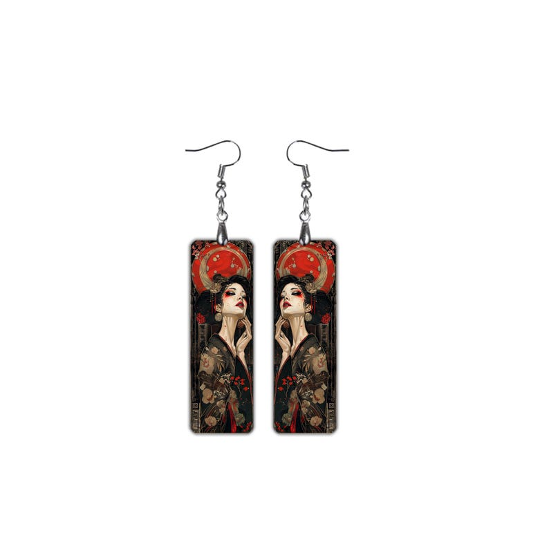 Geisha dangle earrings featuring red and black Japanese Art Deco design with a gothic twist, handmade and lightweight with clip-on option