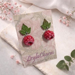 Raspberry Dangle Earrings Red Berry Polymer Clay Small Fruit Jewelry