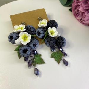 Blooming Blackberry Earrings, Handmade Berry Jewelry, Garden Dangle Earrings, Floral Berry Clip on Earrings, Gift Idea For Her
