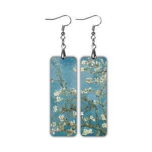 Van Gogh Almond Blossom Earrings, Botanical Art Dangle Clip-On Earrings, Blue Lightweight Handmade Floral Jewelry, Gift for Spring Summer