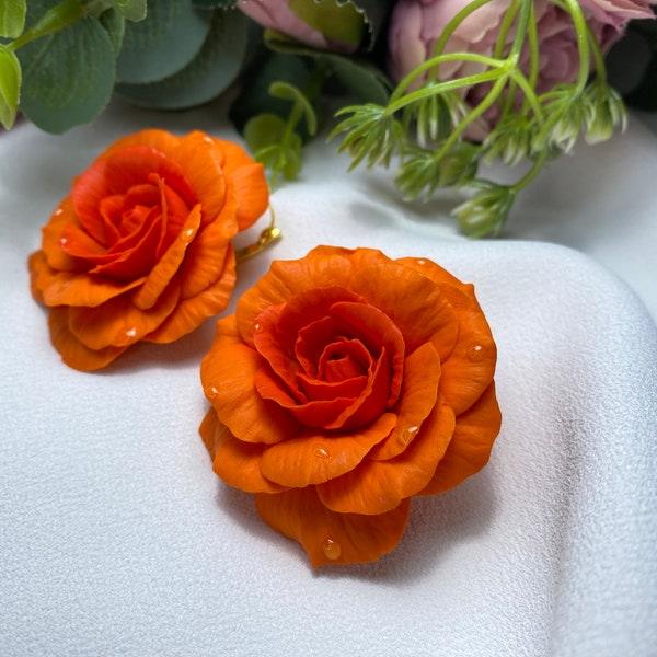 Orange Rose Earrings Flower Handmade Polymer Clay Jewelry For Her