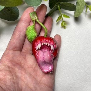 Toothy Cherry Brooch Gothic Fantasy Jewelry, Creepy Polymer Clay Monster Pin, Handmade Horror Accessory, Halloween Gift for Her or Him