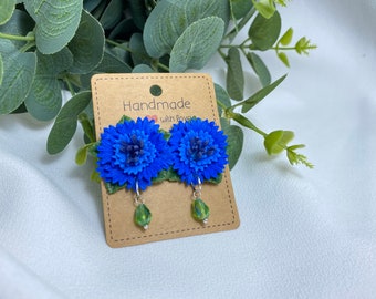 Blue Flower Earrings Handmade Bells Clip-on Earrings Polymer Clay Jewelry