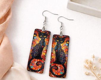 Boucles d'oreilles chat noir style Klimt Art nouveau bijoux colorés