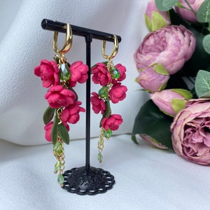 Fuchsia Peony Dangle Earrings, Handmade Magenta Flower Jewelry, Pink Floral Drop Clip-On Earrings, Elegant Gift for Her
