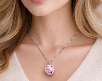 Peony Necklace, White Pink Floral Pendant, Handmade Polymer Clay Flower Jewelry, Gift for Her