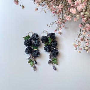 Blackberry Dangle Drop Earrings, Handmade Botanical Berry Jewelry, Cute Realistic Fruit Earrings, Unique Gift Idea for Her