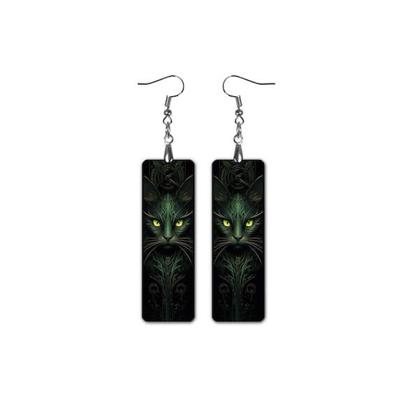 Gothic Cat Earrings Black Rectangular Dangle Clip-on Earrings For Her