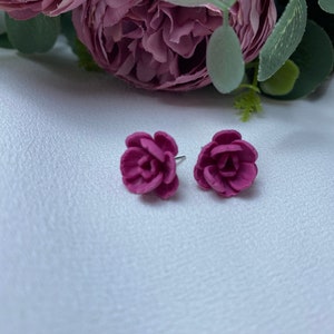 Magenta Peony Stud Earrings, Handmade Floral Jewelry, Cute Small Pink Flower Clip-on Earrings, Polymer Clay Jewelry, Romantic Gift for Her