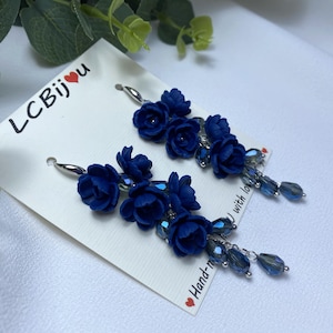 Dark Blue Peony Earrings Long Dangle Floral Polymer Clay Earrings Statement Flower Jewelry Clip On Option Handmade Gift for Her