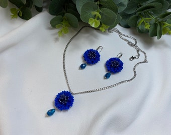 Floral Jewelry Set Handmade Blue Cornflowers Dangle Earrings And Pendant Necklace For Her