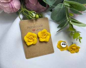 Rose Stud Earrings Yellow Roses Earrings Small Roses Clip-on Earrings Yellow Flower Studs Handmade Polymer Clay Yellow Jewelry Gift For Her