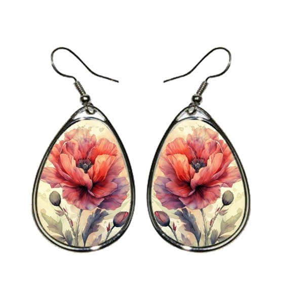 Mohnblumen-Ohrringe, rote Aquarell-Blumen-Ohrringe, handgefertigt, niedliche, ausgefallene Blumen, Schmuck, Geschenkidee für Sie