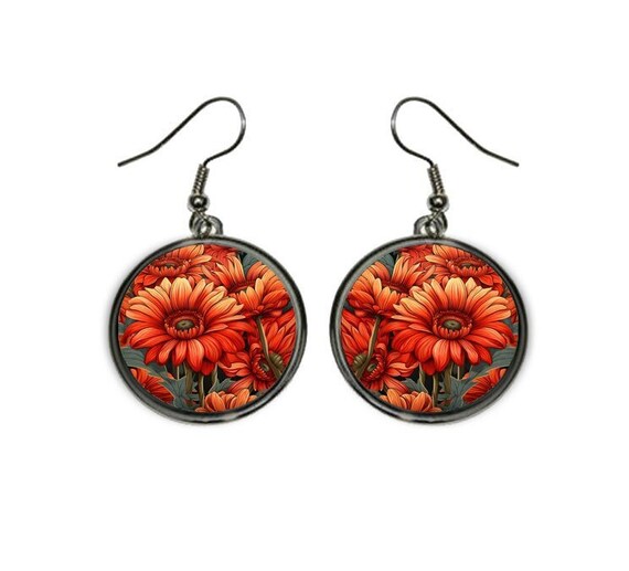 Red Gerbera Daisy Earrings, Art Nouveau Floral Round Dangle