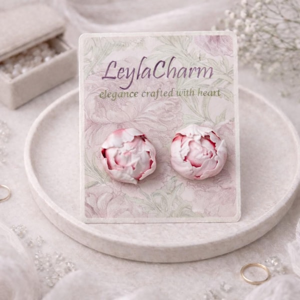 Peony Stud Earrings, Pink White Floral Studs, Handmade Polymer Clay Flower Jewelry, Elegant Gift for Her