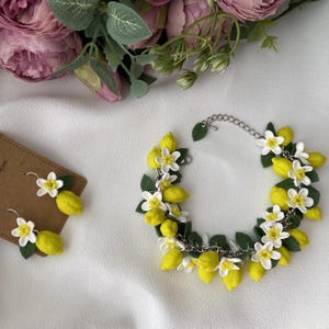 Lemon Jewelry Set Blossoming Citruses Bracelet And Earrings Handmade Fruit Garden Yellow Lemon Polymer Clay Jewelry Blooming Lemon Earrings