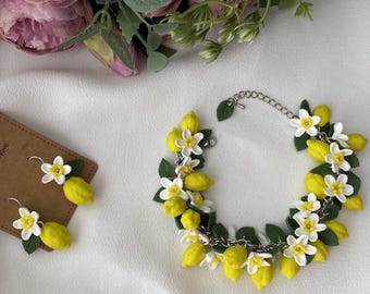 Lemon Jewelry Set Blossoming Citruses Bracelet And Earrings Handmade Fruit Garden Yellow Lemon Polymer Clay Jewelry Blooming Lemon Earrings