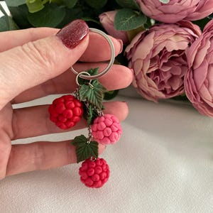 Pink Raspberry Keychain, Realistic Handmade Fruit Keyring, Polymer Clay Berry Bag Charm, Cute Summer Gift for Her, Food Inspired Accessory
